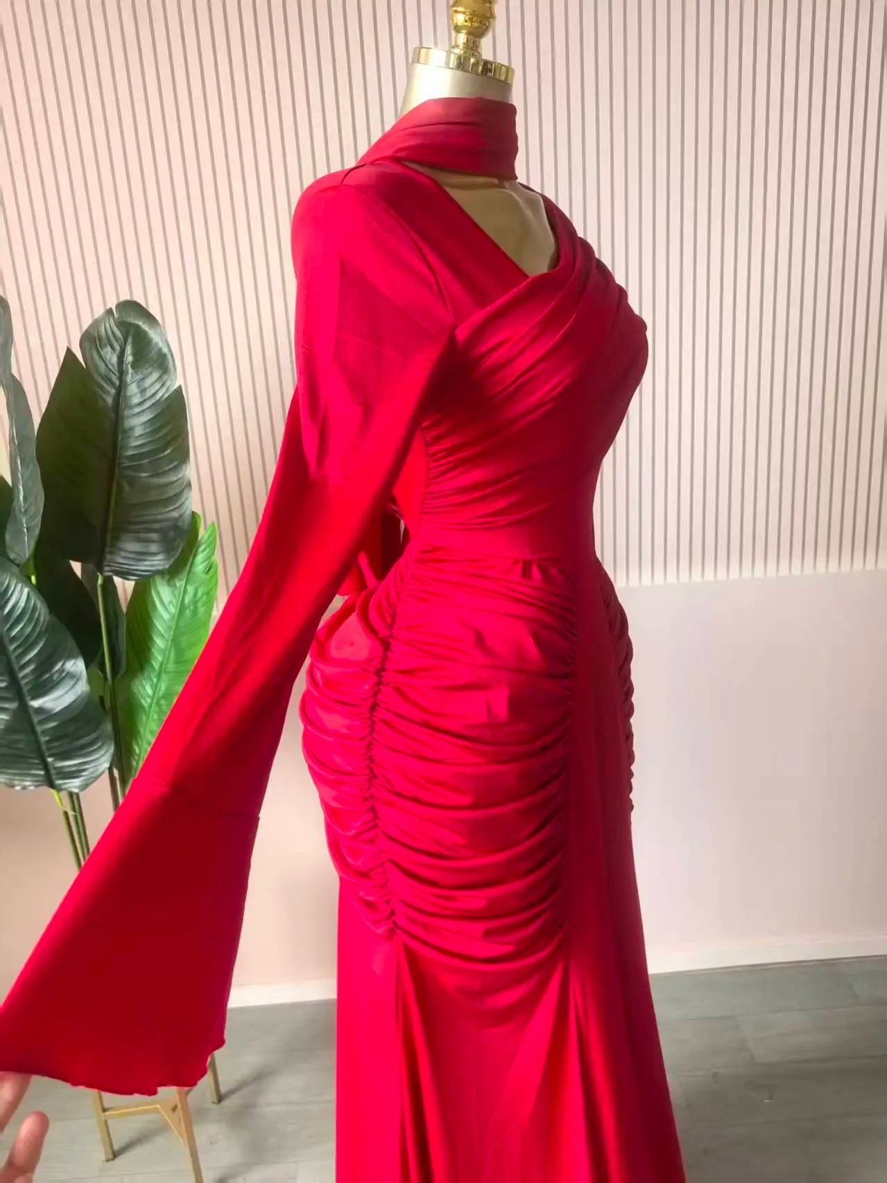 CM.YAYA Women Skew Neck Flare Long Sleeve Ruched Stacked Maxi Long Dress Fall Birthday Evening Sexy Party Dresses with Scarf