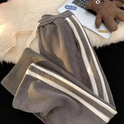 Thickened Fleece Corduroy Pants High Waist Loose Straight Leg Striped High School Students Autumn Winter Fashion Brand Teenag...