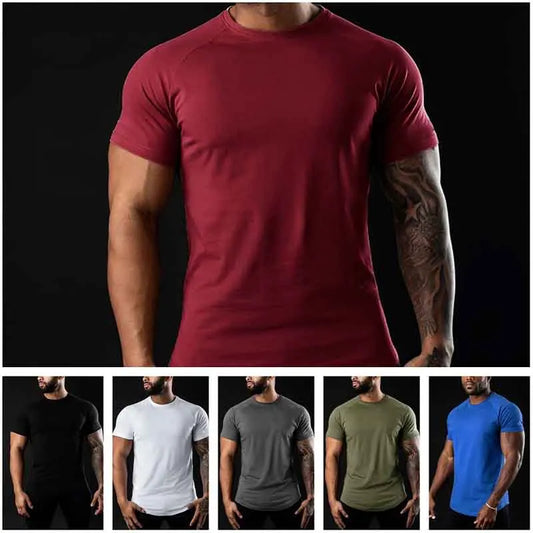 Men Cotton Gym t-Shirt Short Sleeve t-Shirts Male Round Neck Casual Tops Slim Fit t Shirt Breathable Soild Tee Shirt Man Clothes