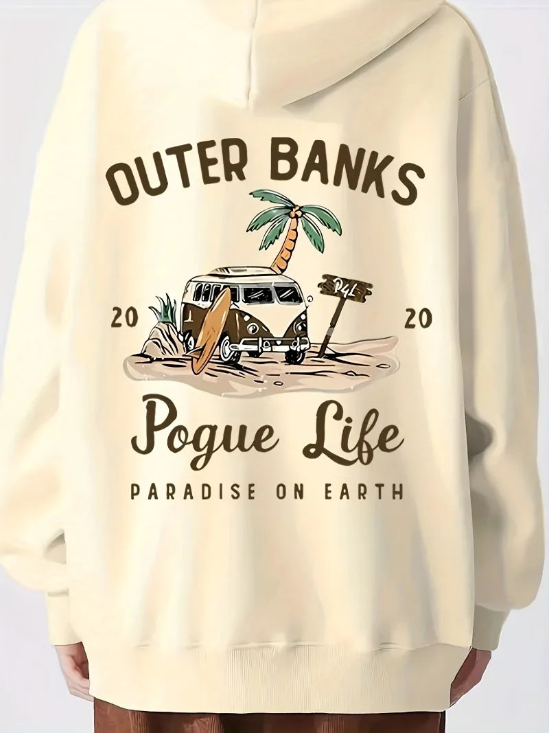 Cozy Hoodie Women's Casual Hoodie  Outer Banks Pogue Life Letter Print  Beach Graphic Kangaroo Pocket Cozy Autumn Apparel Trendy