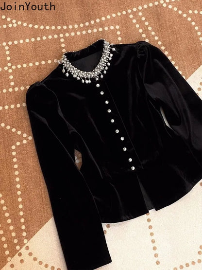 Blouses for Women Black Heavy Beading O-neck Puff Sleeve Shirts 2025 Blusas Mujer De Moda Slim Fit Velvet Vintage Blouse Tops