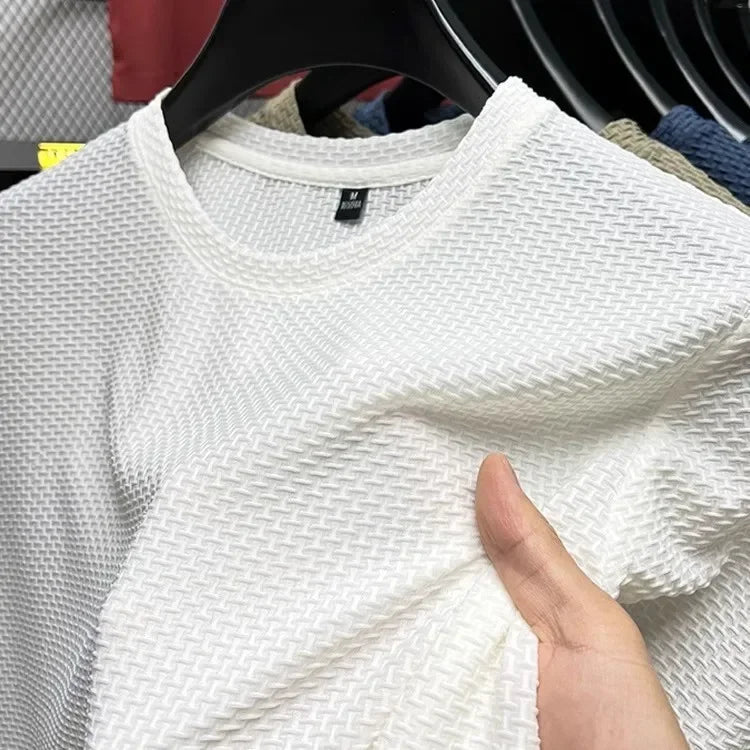 Men's Short Sleeve Mesh Bamboo Ice Silk T-shirt Casual Versatile Summer Elastic Slimming Top for Men 2029
