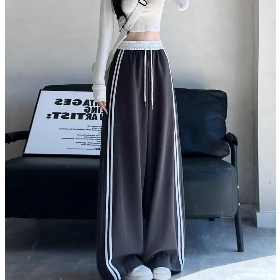 High Waist Wide Leg Pants Women's Spring Autumn New Style Loose American Knife Edge Sports Trousers Color Block Striped