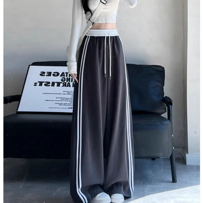High Waist Wide Leg Pants Women's Spring Autumn New Style Loose American Knife Edge Sports Trousers Color Block Striped