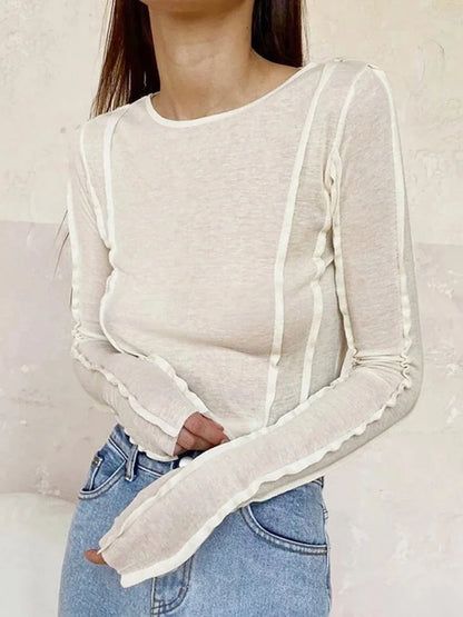 White O-Neck Women'S T-Shirt 2022 Elegant Yellow Long Sleeve Fall Tee Shirt Casual Slim Elastic Solid Top Female