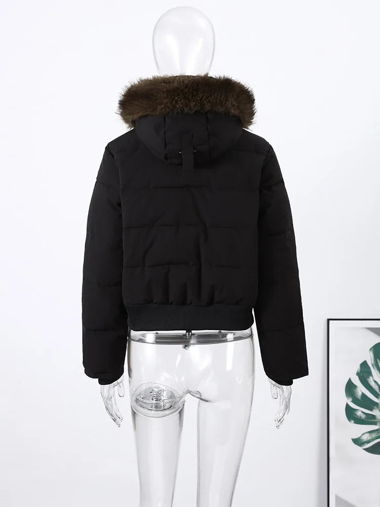Hooded Faux Fur Collar Padded Coat Women Elegant Lantern Full Sleeve Single Breasted Pocket Ruched Winter Coats Chic Outerwears