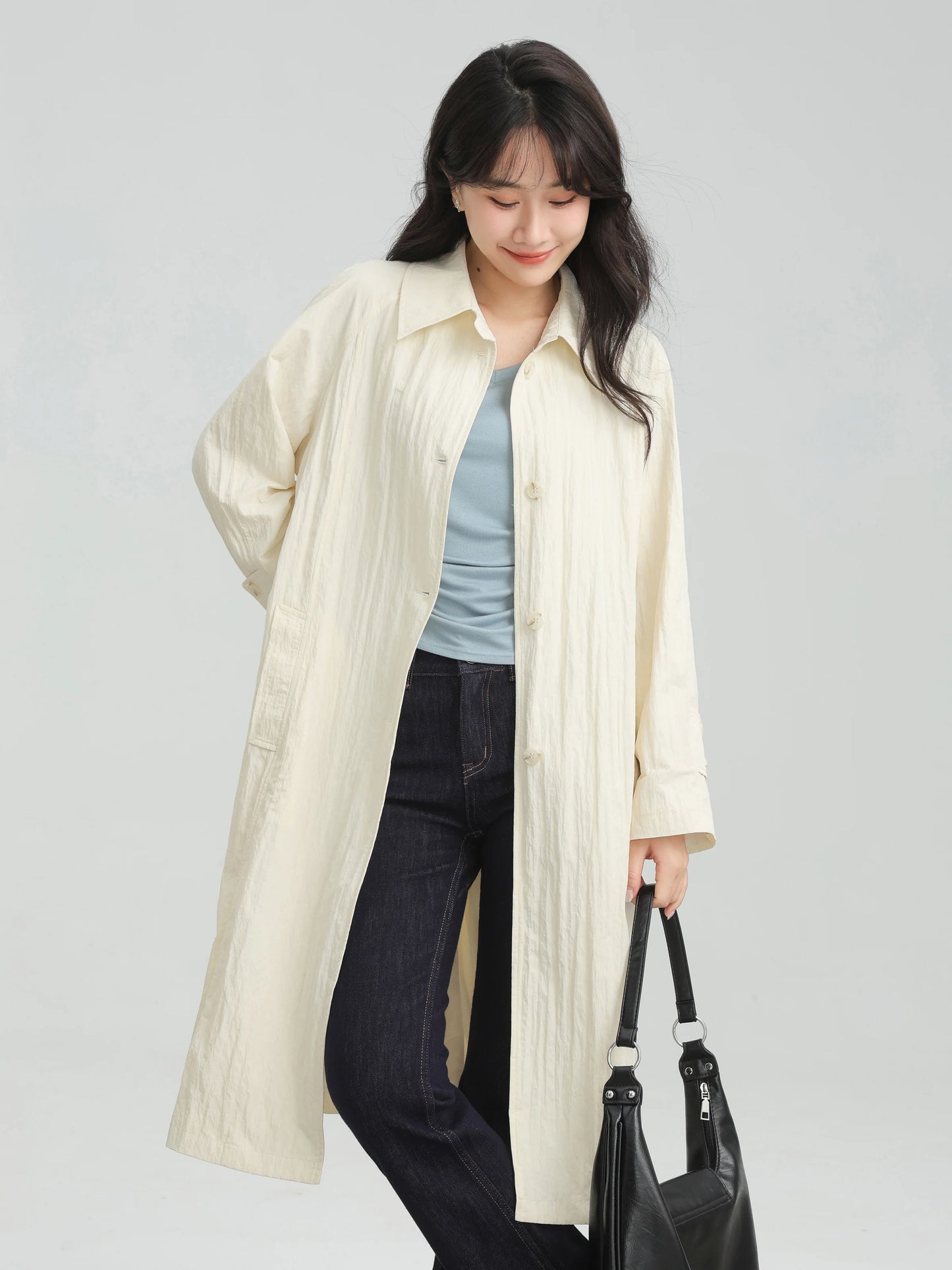 Wrinkled Double Cuff Belted Sleeve Trench Coat Women Loose Fit Lapel Collar Outerwear 2025 Casual Mid-Length Stylish Overcoat
