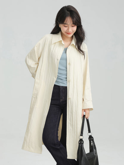Wrinkled Double Cuff Belted Sleeve Trench Coat Women Loose Fit Lapel Collar Outerwear 2025 Casual Mid-Length Stylish Overcoat