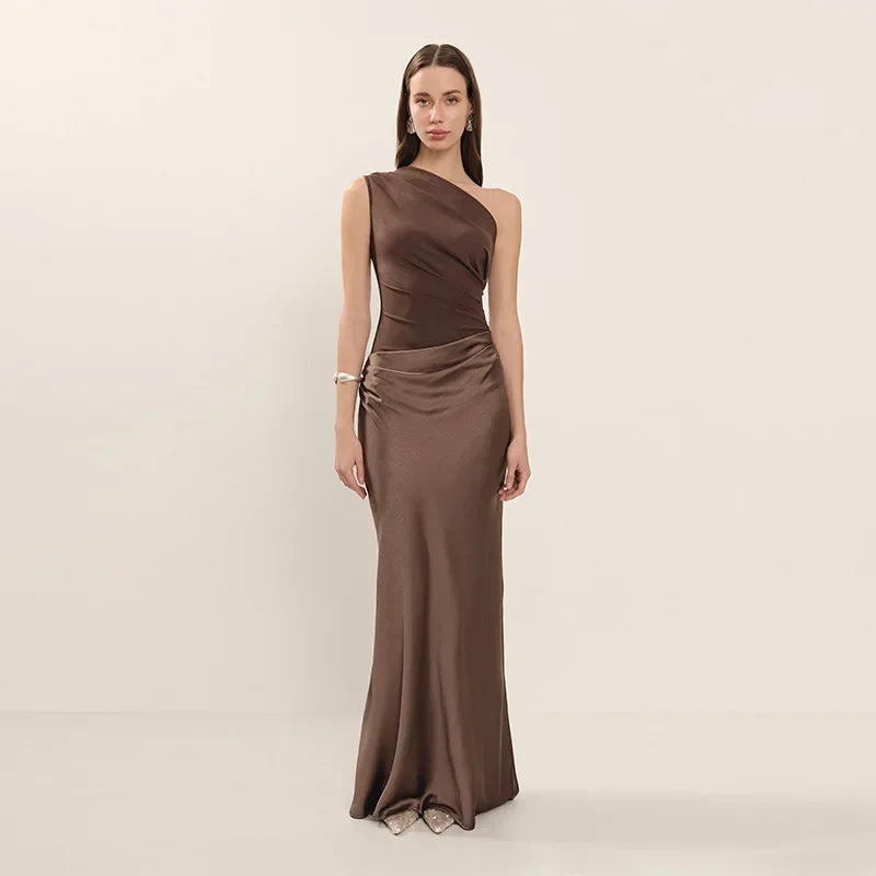 Luxary Solid Satin Maxi Dress Elegant One Shoulder Sleeveless High Waist Ruffle Robe 2025 New Summer Evening Party Clothing