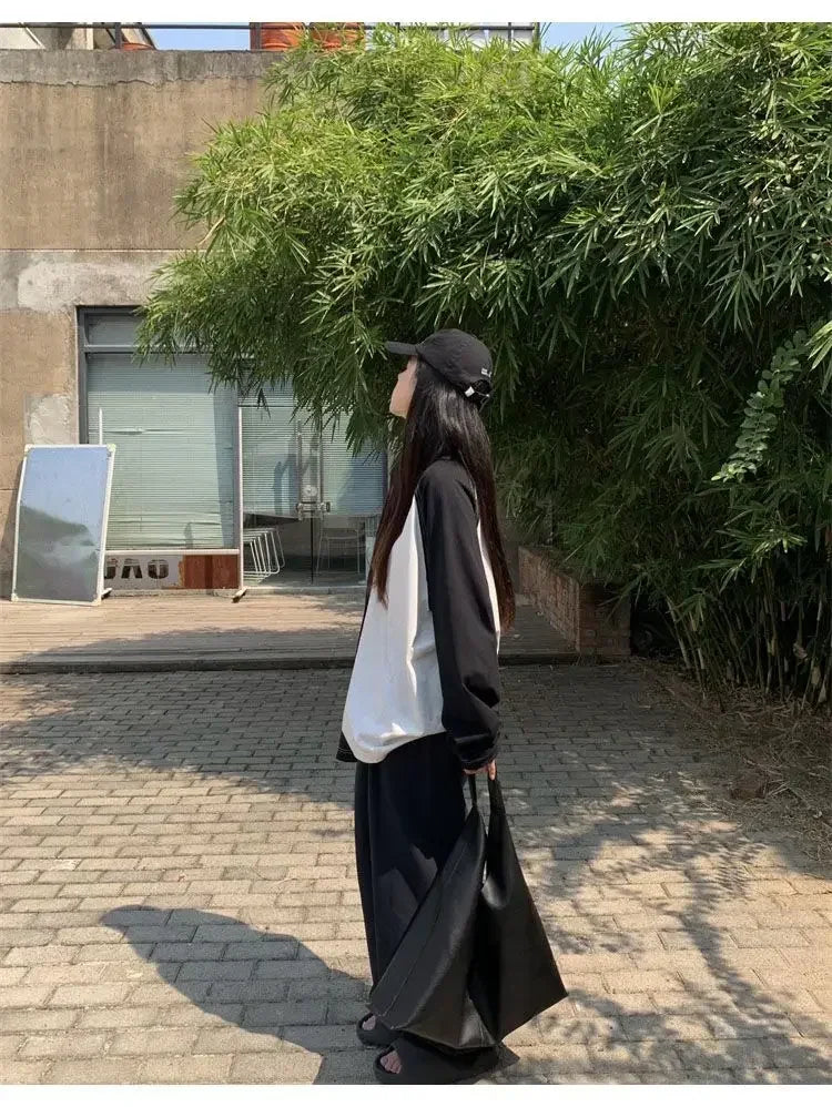 Casual Oversized T Shirt Y2k Tops Harajuku Long Sleeve O-Neck T-Shirts Spring Autumn Black White Patchwork Tees Women Streetwear