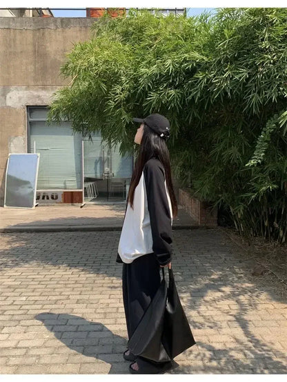 Casual Oversized T Shirt Y2k Tops Harajuku Long Sleeve O-Neck T-Shirts Spring Autumn Black White Patchwork Tees Women Streetwear