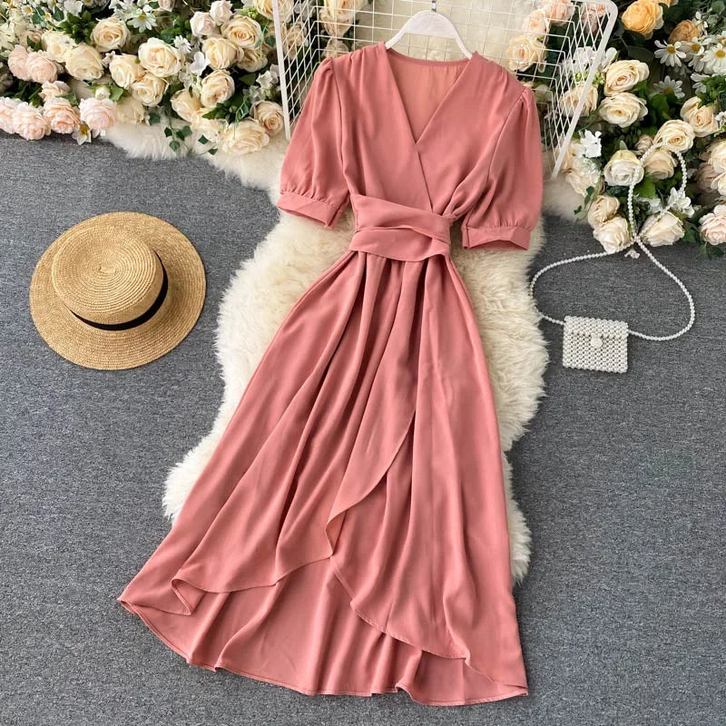 Women's Dress Spring New Temperament V-neck Solid Color Bubble Short-sleeved Irregular Ruffle Edge Lacing Dress Leisure Vestidos