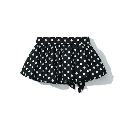 2025 Sexy Black White Polka Dot Halter Tank Top + Tie Bow Sashes Elastic Waist Ruched Ball Gown BUD Mini Skirt 2 Pieces 1 Set