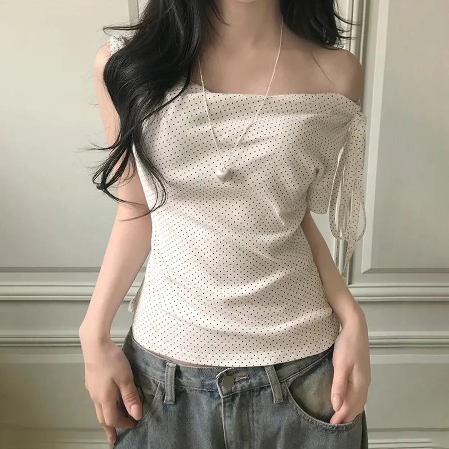 Fashion Polka Dot Prints Slim Fit Folds Women T-Shirts Sweet Cute Chic Design One-Shoulder Summer Shirts