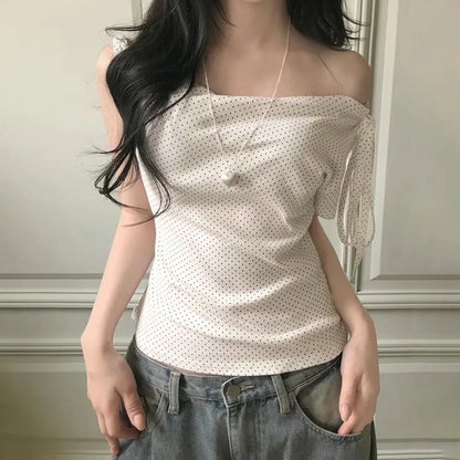 Fashion Polka Dot Prints Slim Fit Folds Women T-Shirts Sweet Cute Chic Design One-Shoulder Summer Shirts