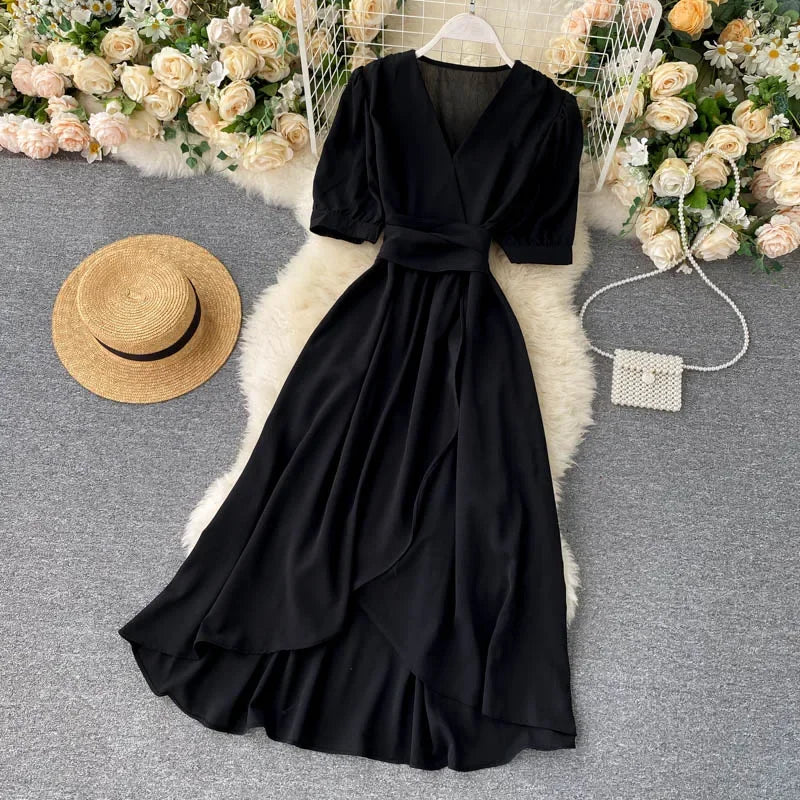 Women's Dress Spring New Temperament V-neck Solid Color Bubble Short-sleeved Irregular Ruffle Edge Lacing Dress Leisure Vestidos