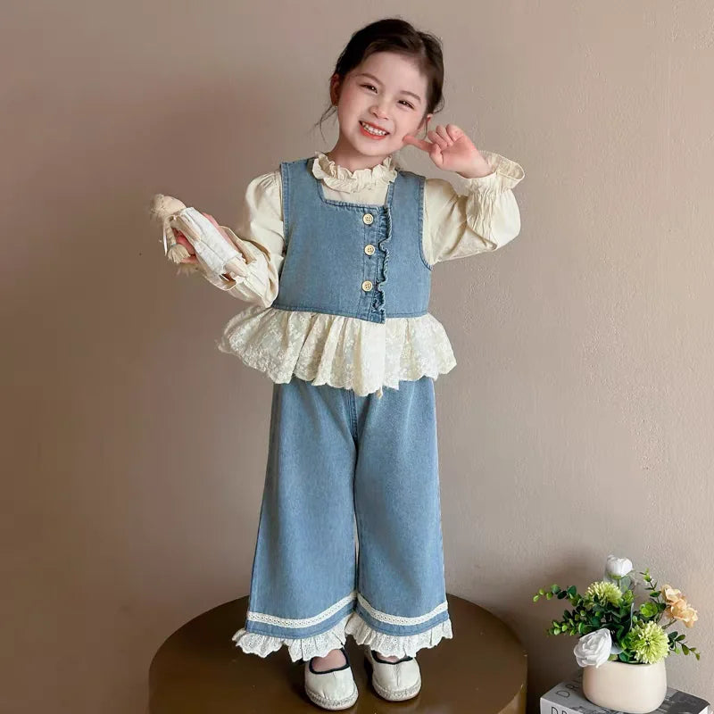 TZ2565/CS2567 Spring and Autumn Girls' Sleeveless Cowboy vest Set with Solid Color Lace Shirt Fashion New Product
