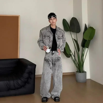 American High-end Jeans Men Women Korean Streetwear Loose 2025 New Spring Autumn Wide-leg Pants Aesthetic Preppy Chic Denim Coat