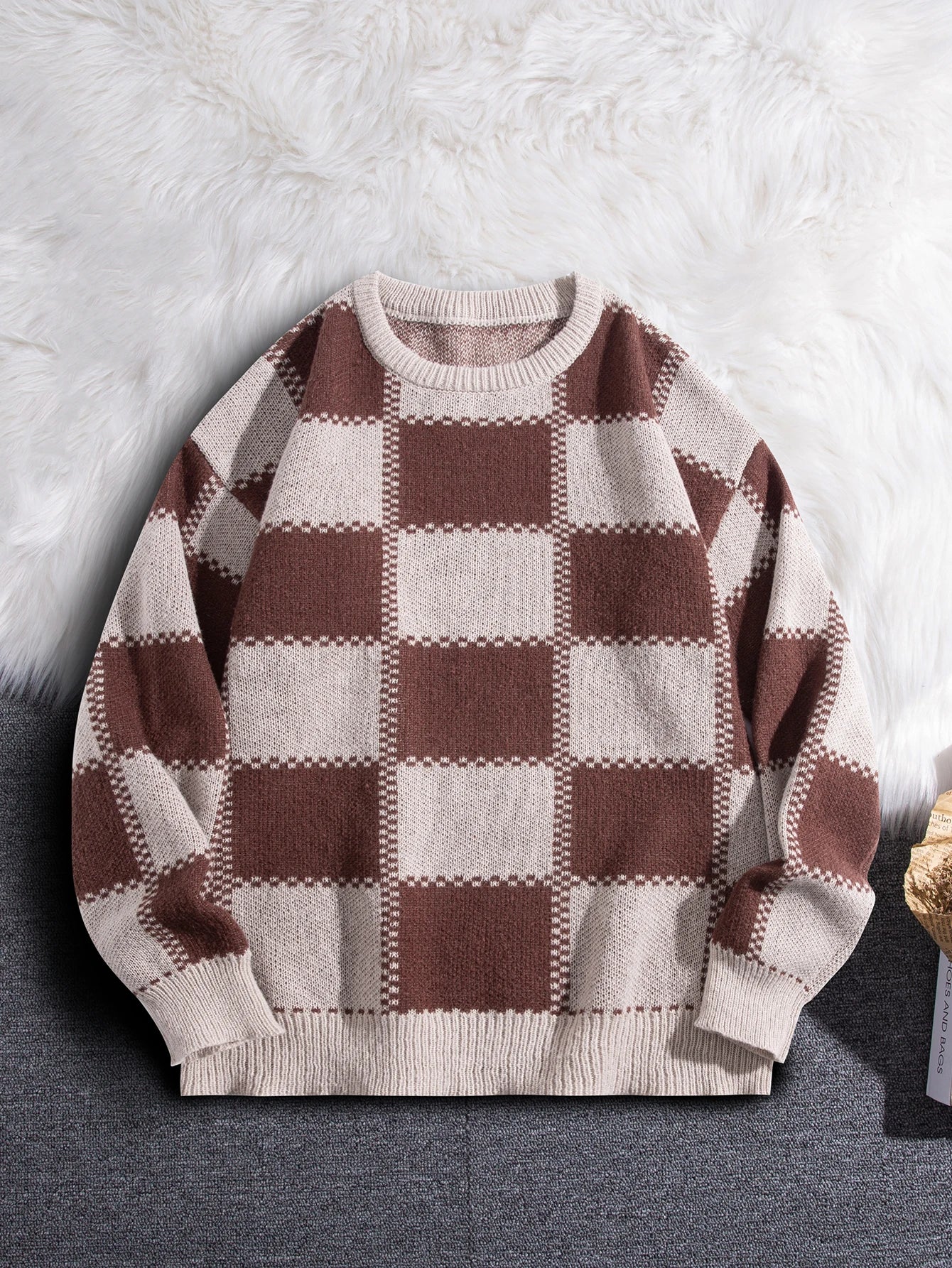 Retro Trendy Plaid Jacquard Pattern Pullover Sweater Casual Round Neck Color-Block Knit Men's Pullover