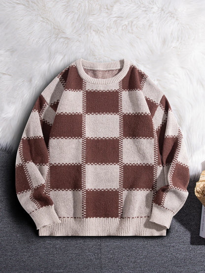 Retro Trendy Plaid Jacquard Pattern Pullover Sweater Casual Round Neck Color-Block Knit Men's Pullover