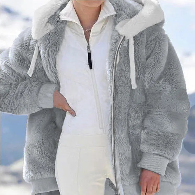 New Autumn/Winter Loose Plush Zipper Hooded Coat for Women
