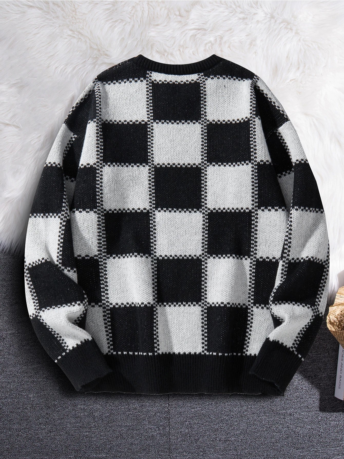 Retro Trendy Plaid Jacquard Pattern Pullover Sweater Casual Round Neck Color-Block Knit Men's Pullover