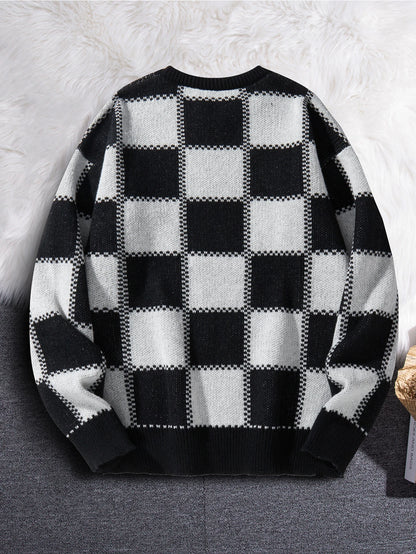 Retro Trendy Plaid Jacquard Pattern Pullover Sweater Casual Round Neck Color-Block Knit Men's Pullover