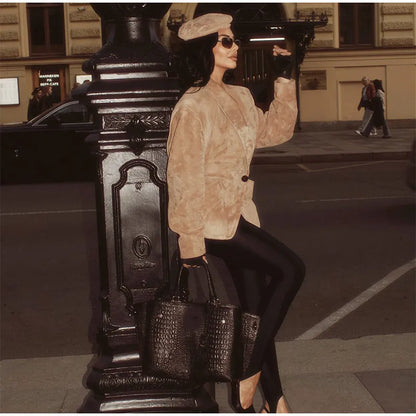 Single Breasted Buckle Casual Suede Jacket Women Chic Shoulder Pad Full Sleeve Lapel Slim Coat Autumn Lady New Highstreet Wear