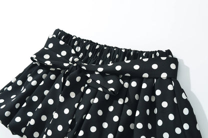 2025 Sexy Black White Polka Dot Halter Tank Top + Tie Bow Sashes Elastic Waist Ruched Ball Gown BUD Mini Skirt 2 Pieces 1 Set