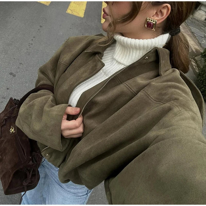 Single Breasted Buckle Casual Suede Jacket Women Chic Shoulder Pad Full Sleeve Lapel Slim Coat Autumn Lady New Highstreet Wear
