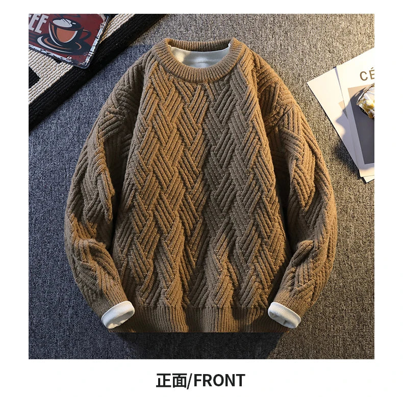 Knit Sweater Men Cable Pullover New Autumn Winter Diamond Pattern Loose Fit Solid Fashion Casual Streetwear Crew Neck Sweaters