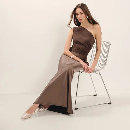 Luxary Solid Satin Maxi Dress Elegant One Shoulder Sleeveless High Waist Ruffle Robe 2025 New Summer Evening Party Clothing