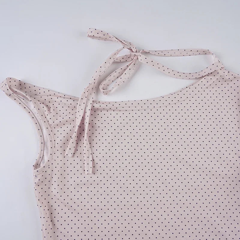Fashion Polka Dot Prints Slim Fit Folds Women T-Shirts Sweet Cute Chic Design One-Shoulder Summer Shirts