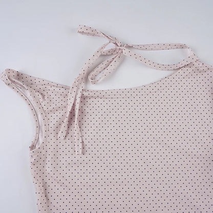 Fashion Polka Dot Prints Slim Fit Folds Women T-Shirts Sweet Cute Chic Design One-Shoulder Summer Shirts