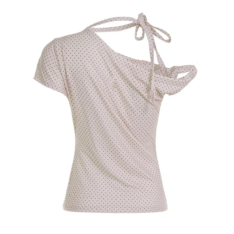 Fashion Polka Dot Prints Slim Fit Folds Women T-Shirts Sweet Cute Chic Design One-Shoulder Summer Shirts