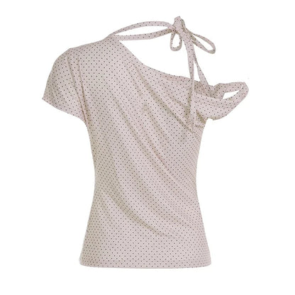 Fashion Polka Dot Prints Slim Fit Folds Women T-Shirts Sweet Cute Chic Design One-Shoulder Summer Shirts