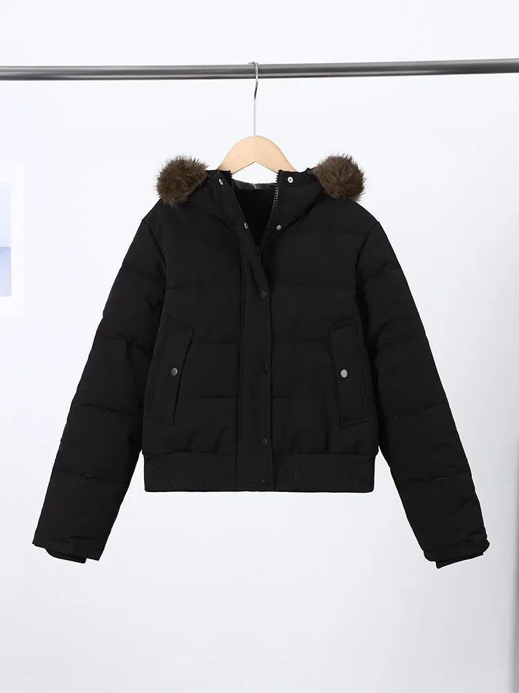 Hooded Faux Fur Collar Padded Coat Women Elegant Lantern Full Sleeve Single Breasted Pocket Ruched Winter Coats Chic Outerwears