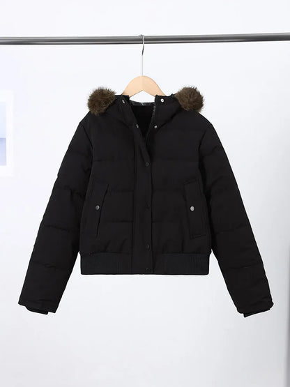 Hooded Faux Fur Collar Padded Coat Women Elegant Lantern Full Sleeve Single Breasted Pocket Ruched Winter Coats Chic Outerwears