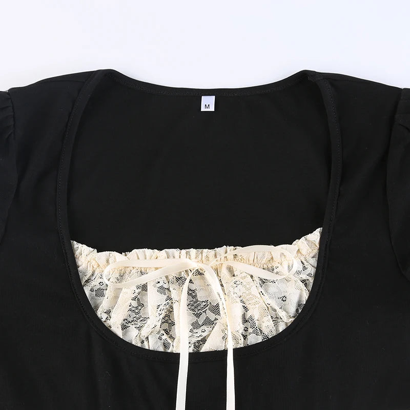 Y2k Lace Trim Crop Top Bow Cute Sweet Square Neck Tee Short Sleeve Harajuku Casual T Shirt Women Prepply Retro Korean Top Summer