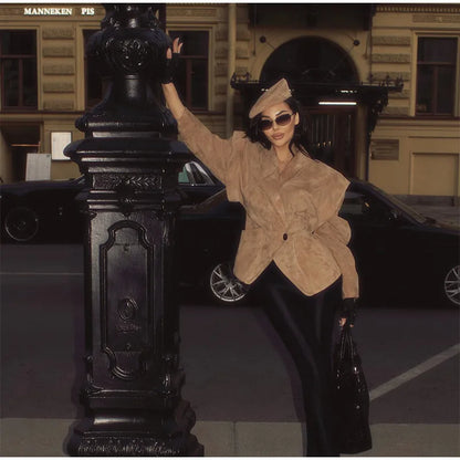 Single Breasted Buckle Casual Suede Jacket Women Chic Shoulder Pad Full Sleeve Lapel Slim Coat Autumn Lady New Highstreet Wear