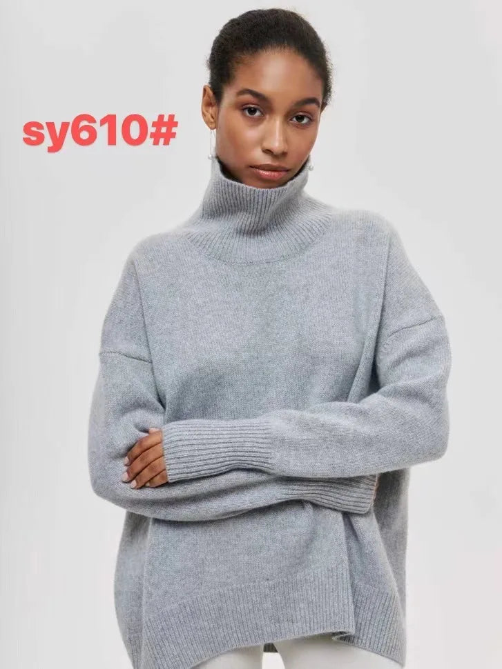 Original Light Luxury O-neck Knit Sweater Autumn And Winter Women's Elegant Loose Mock Neck Solid Color Warm Outerwear Sweater