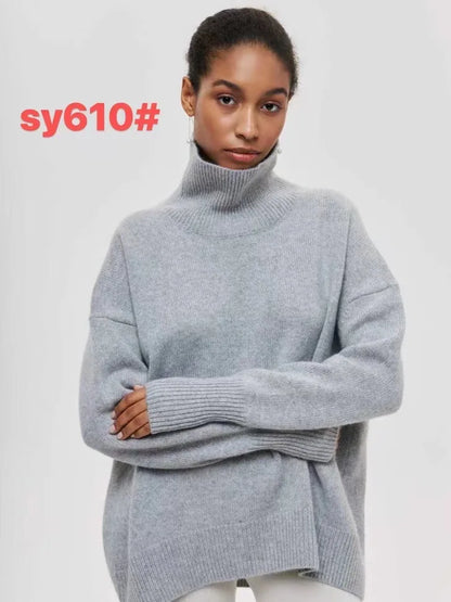 Original Light Luxury O-neck Knit Sweater Autumn And Winter Women's Elegant Loose Mock Neck Solid Color Warm Outerwear Sweater
