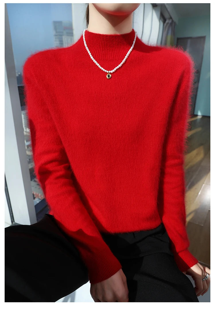 100% Pure Mink Cashmere Knitted Sweater Women's Semi-High Neck Loose Pullovers Casual Joker Warm Bottoming Shirt Autumn Blouse