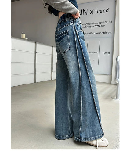New Autumn Tween Girl Dark Blue Jeans Foldable Wide Leg Denim Pants Kids Child Spring High Waist Jeans Trousers Age 4 To 14 Y
