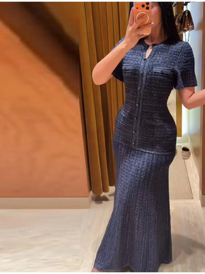 Summer Luxury Navy Blue Tweed Knit Maxi Dress Women Elegant Short Sleeve Button Front Pocket Mermaid Hem Formal Party Outfit New