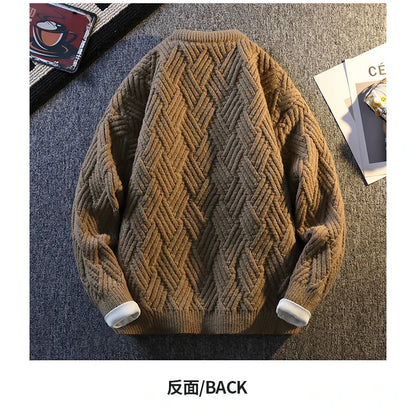 Knit Sweater Men Cable Pullover New Autumn Winter Diamond Pattern Loose Fit Solid Fashion Casual Streetwear Crew Neck Sweaters