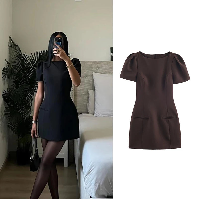 Elegant Puff Sleeve Party Dresses Women Solid Pockets A-line Slim Zipper Mini Dress Ladies Office Outfit Club Evening 2026 Fashi