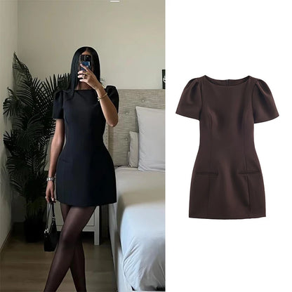 Elegant Puff Sleeve Party Dresses Women Solid Pockets A-line Slim Zipper Mini Dress Ladies Office Outfit Club Evening 2026 Fashi