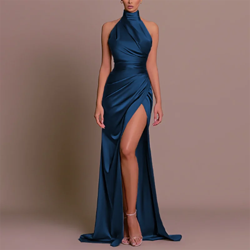Summer New Half High Collar Halter Dress Elegant Slim Sleeveless Satin Evening Dress Chic Solid High Split Pleated Banquet Dress