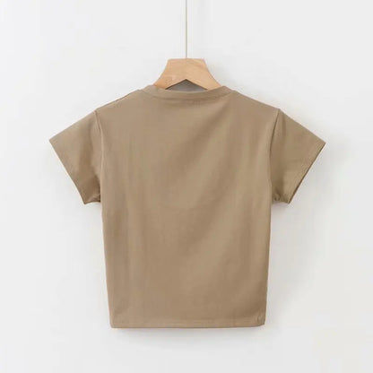 U-Neck Crop Top Solid Color Women Casual High Waist T Shirt Basic Sexy Streetwear Short Sleeve Slimming
